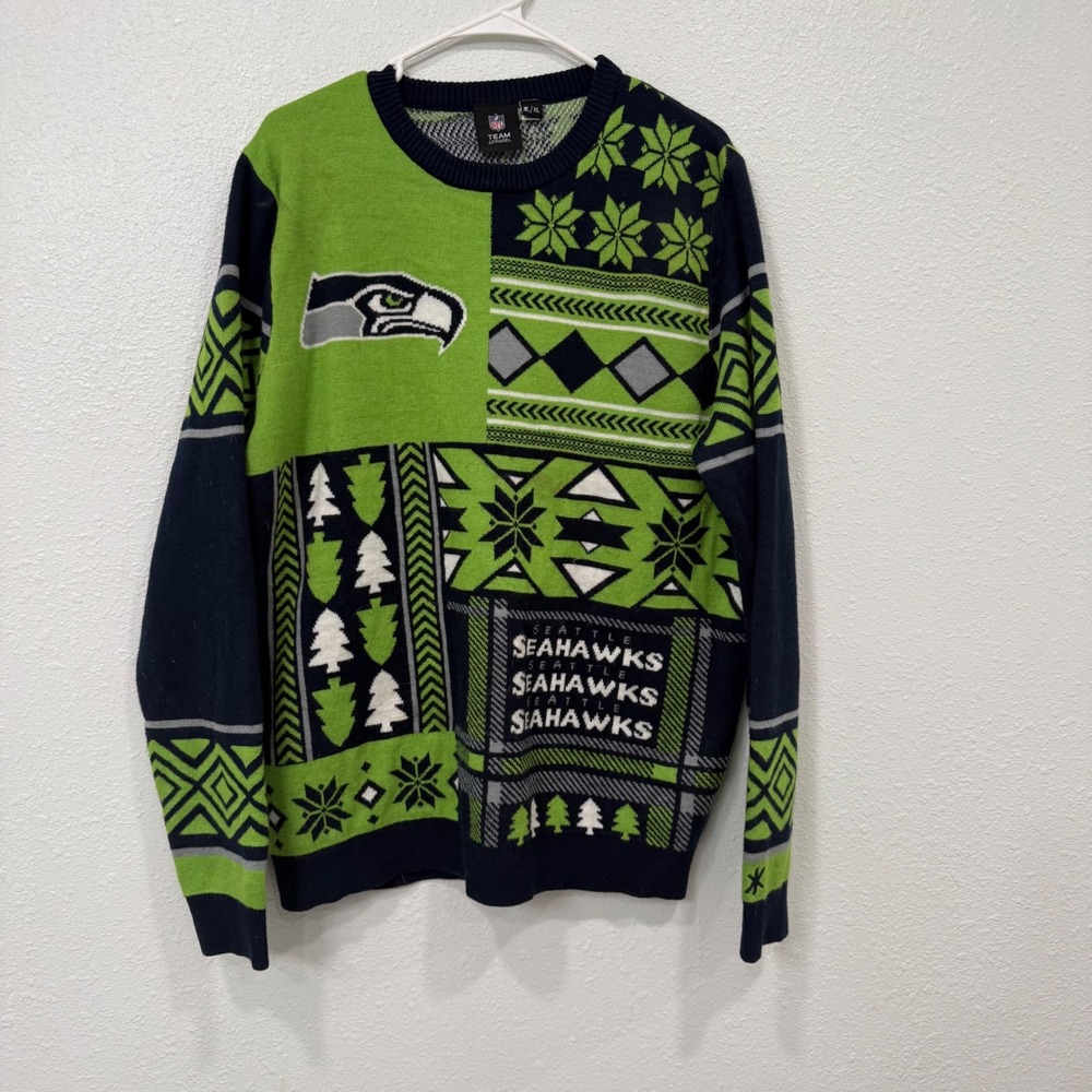 NFL Team Apparel Seattle‎ Seahawks Ugly Christmas Sweater Navy Lime Green XL
